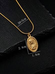 1pc Minimalist Personalized Stainless Steel 18K Gold Plated Oval Portrait Virgin Mary & Jesus Pendant - Yellow Gold - View 3