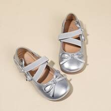Girls' Shiny Bow Princess Shoes, Soft Sole, Non-Slip, Cross Elastic Strap, Baby Performance, Party, Daily Wear Shoes - Silver - View 1