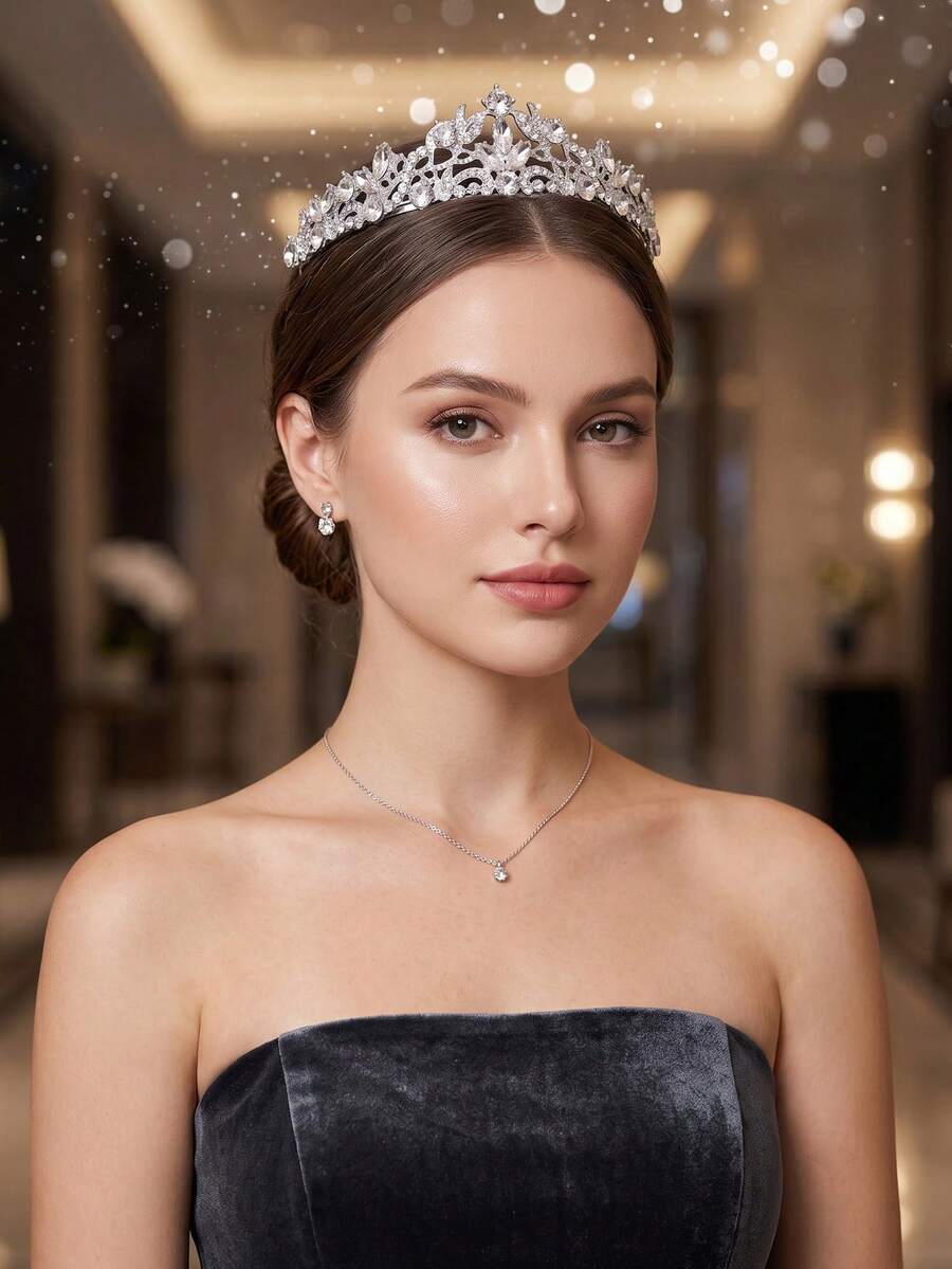 1pc Elegant Rhinestone Crown, Silver Crystal Princess Tiara, Bridal Hair Accessory For Wedding, Ball, Party