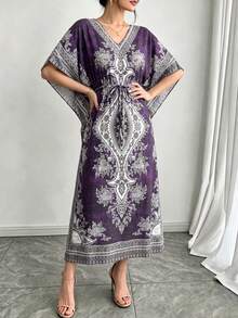 Middle Eastern Arabic Tie-Dye Colorblock Loose V-Neck Casual 2-In-1 Elastic Slimming Vacation Short Sleeve Long Maxi Dress Cover-Up Robe Fall - Violet Purple - View 4
