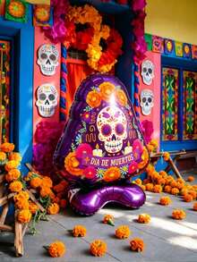 1pc Standing Undead Purple Triangle Tombstone Day Of The Dead Theme Aluminum Foil Balloon, Suitable For Day Of The Dead Decoration, Halloween Theme Decor, Indoor/Outdoor Scene Arrangement, Horror Party Props, Escape Room Scene Supplies - Multicolor - View 4