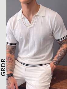 男士休闲竖条纹针织 Polo 衫，带领子和罗纹饰边，短袖上衣 - 白色 - 查看 4