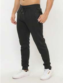 Calça de moletom preta básica casual masculina, com bolsos com zíper e cordão, em tecido levemente elástico. - Preto - Visão 3