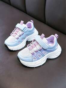 Children's Sports Hook And Loop Thick Sole Sneakers, Hollow Mesh Patchwork Color Block Walking Flat Training Shoes, Blue Lavender Color, Suitable For Daily School Activities - Blue - View 3