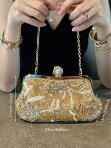 Women Evening Clutches,Floral Leaf Beaded Sequin Embroidery Pattern,Vintage Luxe Bridal Style For Wedding Gala Cocktail Party ,Random Cutting Position - Gold - View 8