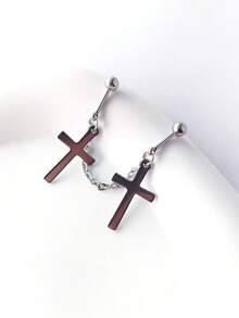 1pc Stainless Steel Chain Minimalist Cross Pendant Floating Industrial Style Piercing Barbell Earring Cartilage Piercing Body Jewelry - Silver - View 3