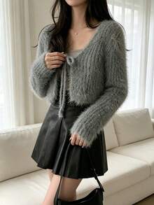 Short Solid Color Pattern Knitted Cardigan For Autumn/Winter - Grey - View 8