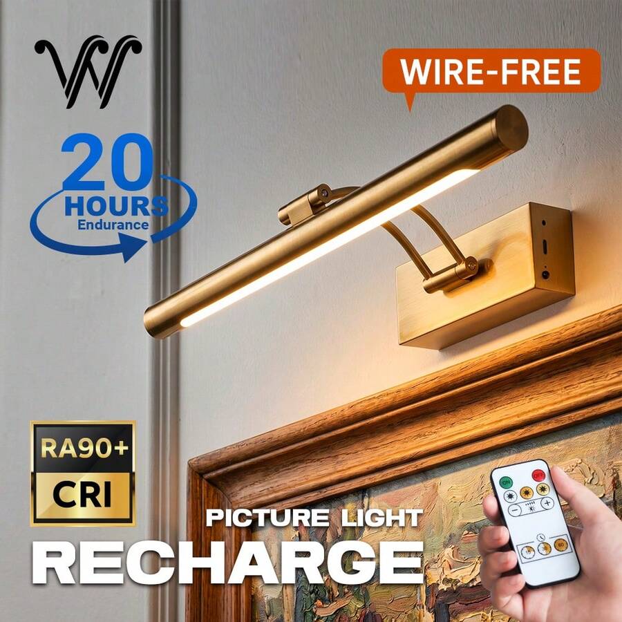 wamblz Wireless Rechargeable Picture Light With Remote Control, 3-Color Dimmable Timer Battery Powered Wall Lamp, CRI90+, Suitable For Bedroom, Living Room, Study, Hallway And Gallery, Gold - Gold - View 1