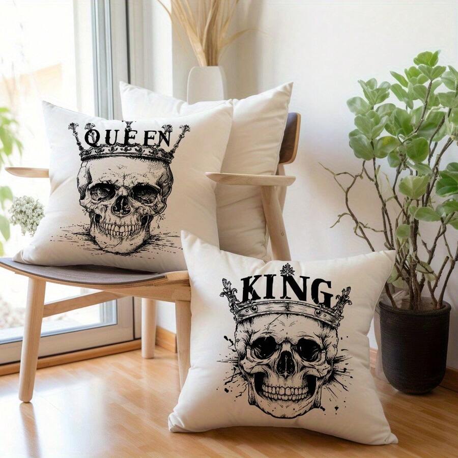 2pcs White Background Vintage Sketch Crown Skull Print Halloween Decorative Pillow Covers, Dark Vintage Style Bedroom Decor | Living Room Decor | Room Decor, Polyester Square Single-Sided Printed Cushion Covers, Living Room Sofa Homestay Window Halloween Party Personalized Autumn/Winter Soft Decoration, Zipper Closure Without Pillow Insert - Black and White - View 1