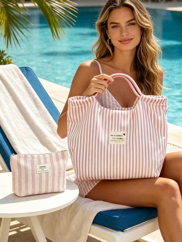 Vintage Striped Tote Bag And Matching Striped Cosmetic Bag, Fashionable Color-Block Design, Bohemian Striped Beach Bag, French Striped Canvas Holiday Tote, Durable Reusable Shopping Bag, Suitable For Daily Use, Travel And Work, Travel Tote Bag, Suitable For Beach Sunbathing, Picnic, Camping, Travel, Fitness, Pool Bag, Beach Bag, Women's Weekend Bag, Unique Birthday Gift, Holiday Gift, Wedding Gift, Party Gift, Back To School Gift, School Season Gift