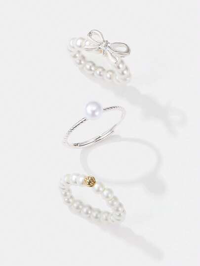 Kryxie 3pcs/Set Minimalist Bow Pearl Beaded Adjustable Rings Set, Sophisticated Stackable Jewelry For Daily Wear, Great Gift For Girlfriend, Sister