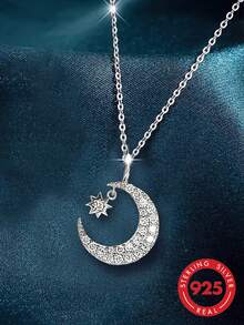 1pc S925 Sterling Silver Exquisite Elegant Shiny Star & Moon Pendant Necklace, Women's Light Luxury Fashion Versatile Personalized Neck Accessory, Niche Cool Girl Style Star Crescent Moon Collarbone Chain, Birthday Gift For Best Friend - Stars and Moon - View 5
