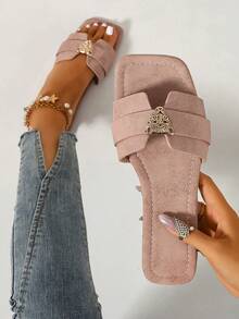 Ximi Ruo Women's Spring/Summer New Fashion Casual Slide Sandals, Comfortable Flat Low-Heel Round Toe Slip-On Beach Shoes, Simple Versatile Decorative Outdoor Sandals For Summer - Pink - View 2