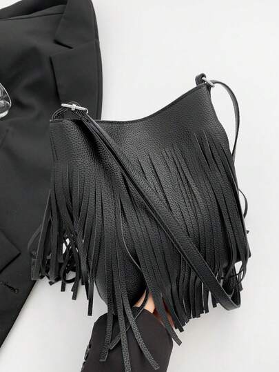 Bohemian Style Tassel Bucket Bag, New Minimalist Faux Leather Crossbody Bag With Adjustable Shoulder Strap, Casual Shoulder Bag For Shopping And Commuting