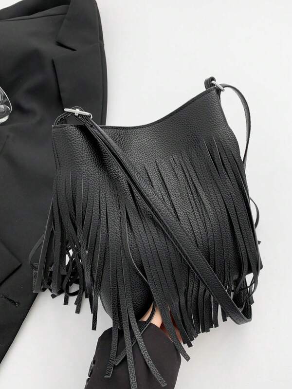 Bohemian Style Tassel Bucket Bag, New Minimalist Faux Leather Crossbody Bag With Adjustable Shoulder Strap, Casual Shoulder Bag For Shopping And Commuting