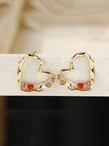 1 Pair Textured Hollow Heart Stud Earrings, Colorblock Sweet Girl Style, Versatile Delicate Daily Earrings - Love Earrings - View 8