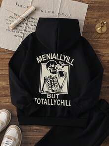 1pc Teen Boys American Retro Coffee Skull Funny Slogan Sweatshirt, Black Niche Loose Cool Unisex Kids Spring/Autumn Pullover Sweatshirt - Black - View 3