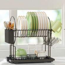 2-Tier Black Kitchen Dish Drying Rack, Automatic Drainage, Rust-Proof, With Utensil Holder, For Drying Dishes, Space-Saving Kitchen Storage Organizer - Multicolor - View 1