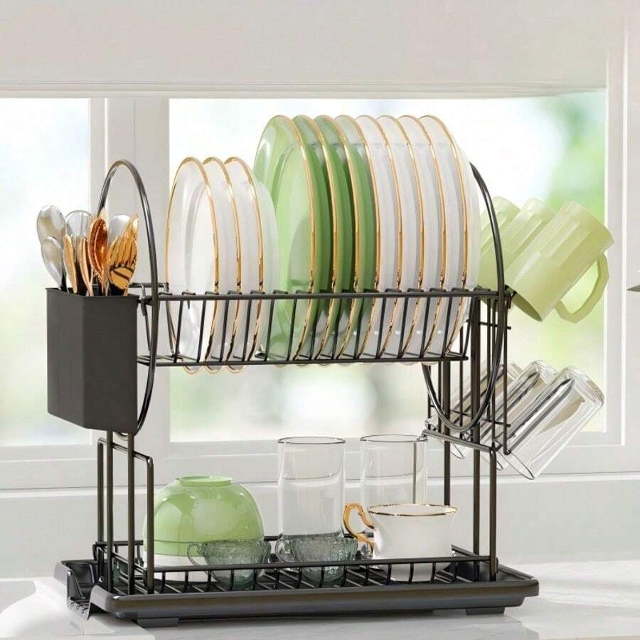 2-Tier Black Kitchen Dish Drying Rack, Automatic Drainage, Rust-Proof, With Utensil Holder, For Drying Dishes, Space-Saving Kitchen Storage Organizer - Multicolor - View 1