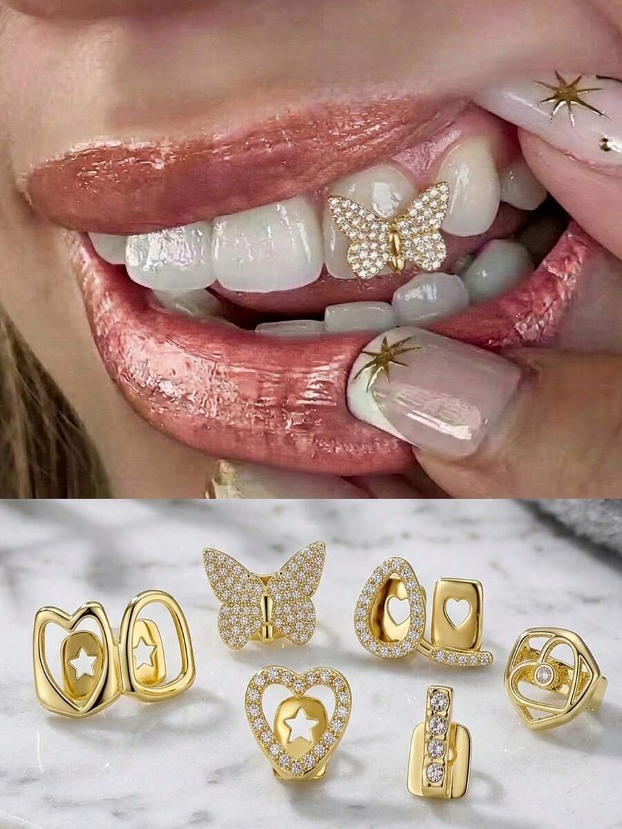 1-2Pcs Gold Grillz Teeth Cover, Fake Braces, Oral Accessory For Men&Women, Rapper Look, Festival, Concert&Party Wear Shiny&Bling Budget-Friendly - Multicolor - View 1