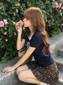 新品修身對比色 2 合 1 甜美短袖 T-shirt 上衣 休閒夏季款 - 藏蓝色 - 查看 9