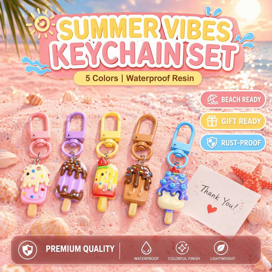 5 Colors Summer Style Realistic Popsicle Keychain Set, Waterproof Resin Ice Cream Bag Charm, Rust-Proof Metal Clasp Bag Accessory, Comes With Thank You Card, Suitable As Refreshing Beach Travel Gift For Women Friends - Multicolor - View 1