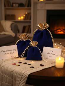 3pcs Black Red Burgundy Blue Valentine's Day Wedding Party Favor Plush Drawstring Gift Bags, Single-Sided Plush Gold Trim, Plush Packaging Bags With Straw And Earphone, Small Commercial Supplies - Multicolor - View 4