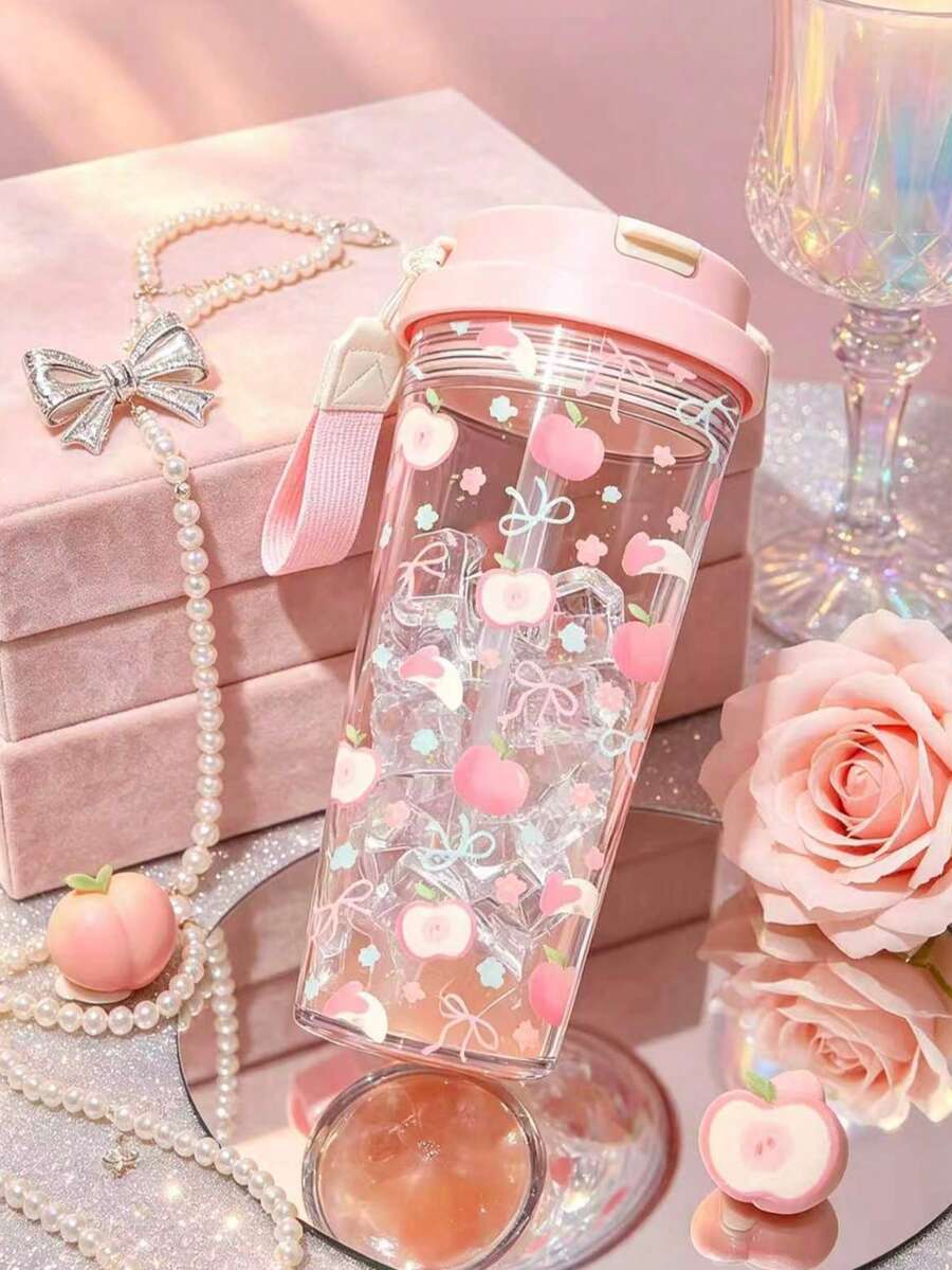 1pc/5pcs 500ml Cute Pink Peach Bow Print Travel Cup, 500ml Plastic Water Bottle With Straw And Lanyard, Leak-Proof Double-Wall Cup, Cute Fruit Pattern, Suitable For Iced Coffee, Cold Brew And Summer Daily Use