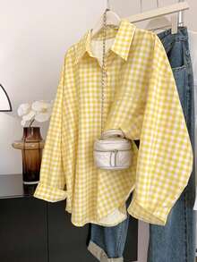 Vintage Plaid Women's Long Sleeve Shirt, Long Sleeve Striped Shirt, Button-Up Design Yellow Sports - Yellow - View 1