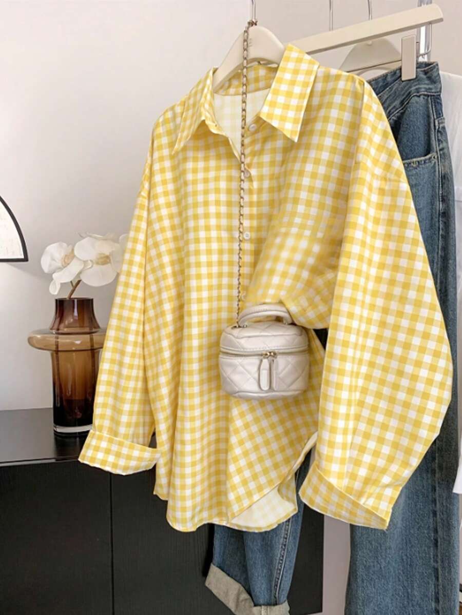 Vintage Plaid Women's Long Sleeve Shirt, Long Sleeve Striped Shirt, Button-Up Design Yellow Sports - Yellow - View 1