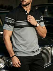 Camisa polo de manga corta con estampado de rayas y parches retro para hombres - Multicolor - Ver 3