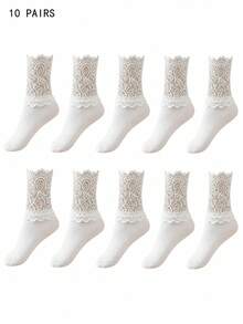 1 par de calcetines de media caña para mujer de unicolor con parches de encaje, estilo retro, suaves y cómodos - Blanco - Ver 12