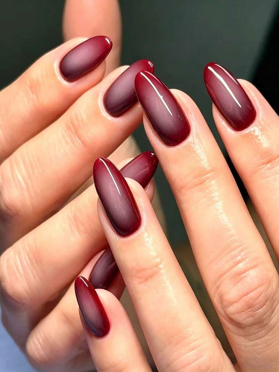 24pcs Almond Burgundy Gradient Pointed Press-On Nails, Includes 1pc Jelly Glue And 1pc Nail File - Multicolor - View 1