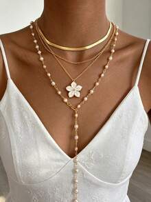 4pcs Multi-Layer Stackable Fashion Minimalist Elegant Exquisite Vintage Design Geometric Floral Oil-Drop Faux Pearl Glossy Snake Chain Minimalist Metal Style Pendant Necklace Set, Holiday Vacation Party Date Gift, Daily Commute Wear, Personalized - Yellow Gold - View 5