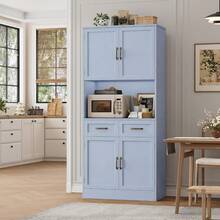 71" Tall Kitchen Pantry Storage Cabinet, Modern Kitchen Hutch Bar Cabinet With Microwave Stand, Wood Buffet Sideboard With Hutch, Cupboard Variant 1 - Light Blue + Bronze Handles - View 2