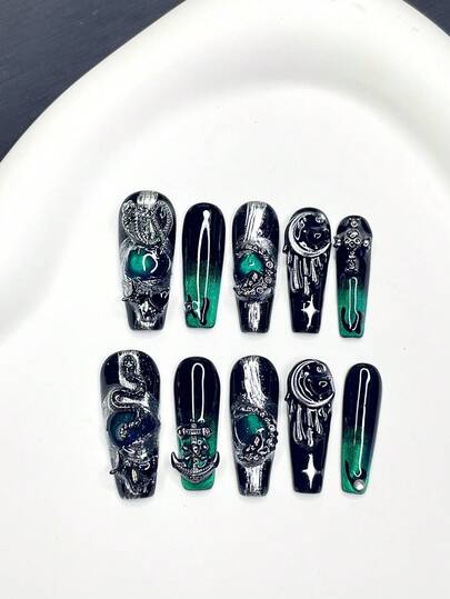 Gothic Snake Moon Press On Nails, Long Coffin Dark Green Cat Eye Handmade Fake Nails, Y2K Witch Metal Charms Nail Tips For Halloween.
