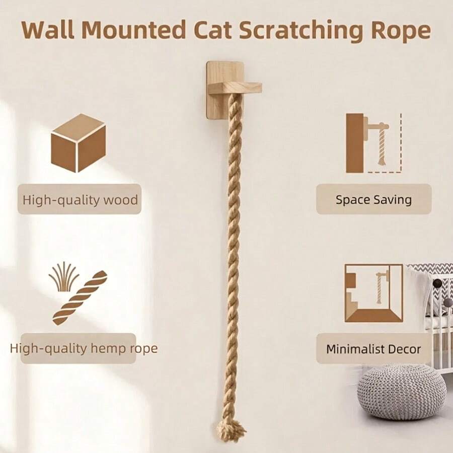 A Vertical Cat Climbing Tree, Made Of Sturdy Natural Sisal Rope, Designed For Indoor Use. This Space-Saving Pet Exercise Toy Includes A Secure Wall Hook, Encouraging Physical Activity And Mental Engagement