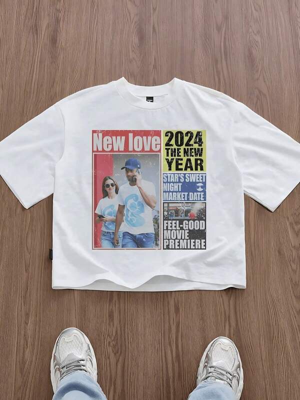 New Love 2024 Graphic Print Short Sleeve T - Shirt,Comfortable Casual Short Sleeve, 220 Grams Heavyweight Cotton Printed T-Shirt