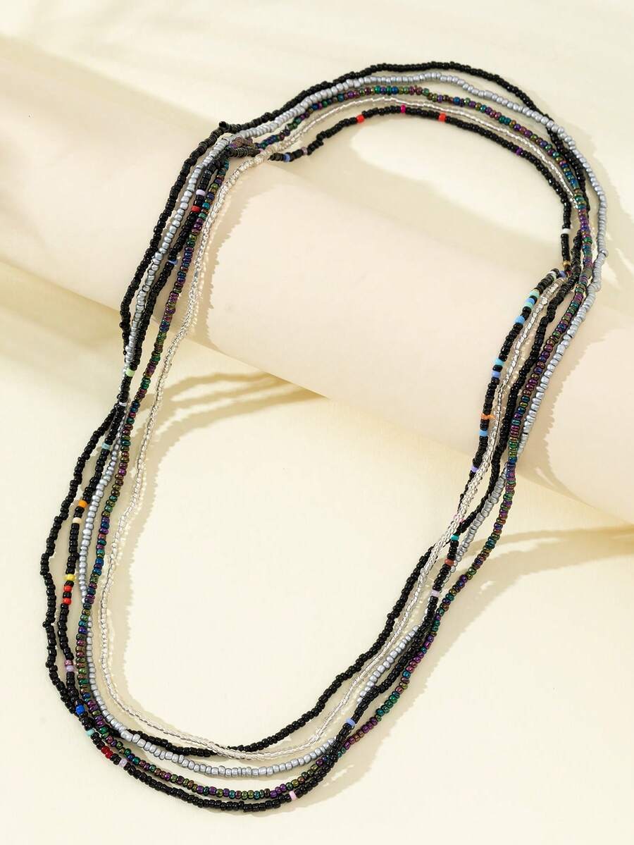 5pcs/Set Mix & Match Cuentas de Semilla Elásticas Bohemias Multicolor Combinación de Moda Cadena de Cintura, Pulsera, Cadena Corporal para Niñas - gris oscuro - Ver 1