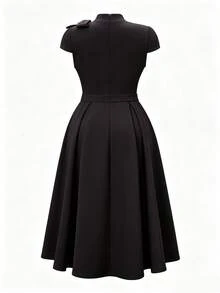 NOU Elegant Lady Style Bow Tie Small Stand Collar Cap Sleeve Short Sleeve A-Line Waist-Defining Mid-Length Dress For Women, Flattering Proportion, - Black - View 6
