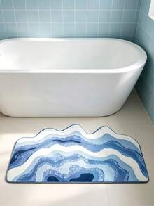 Blue Ocean Wave Bathroom Mat, Creative Nordic Style, Fluffy Soft Plush, Comfortable Foot Feel Faux Cashmere Soft Texture Mat, Non-Slip Bottom, Suitable For Versatile Soft Door Mat, Makeup Mat, Cozy Entryway Mat, Bathroom Bath Mat, Bathtub Mat, Home Bedroom, Bay Window Mat, Bedside Rug, Washing Machine Mat, Machine Washable. Note: There May Be Creases During Packaging And Shipping, The Product Is Printed With A White Bottom, Short Plush, Please Consider Carefully Before Purchasing. - Blue - View 3