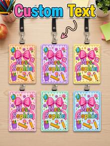 1pc Custom Teacher Name Big Pink Bow Luggage Tag,Striped Badge Holder Lanyard,ID Card Sleeve,Teacher Appreciation Gift,Back To School,First Of School - Multicolor - View 1