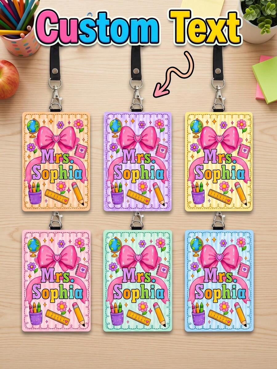 1pc Custom Teacher Name Big Pink Bow Luggage Tag,Striped Badge Holder Lanyard,ID Card Sleeve,Teacher Appreciation Gift,Back To School,First Of School - Multicolor - View 1