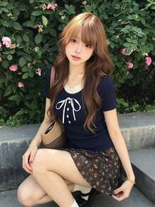新品修身對比色 2 合 1 甜美短袖 T-shirt 上衣 休閒夏季款 - 藏蓝色 - 查看 6
