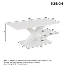 Coffee Table, Rectangular In White, Double Worktop, High Gloss Finish, Side Table, Sofa Table, Living Room Table Made Of MDF, X-Shaped Geometric Table Legs, Load Capacity Up To 10 Kg, 100x48x45cm - White - View 2