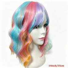 14inch Rainbow Wigs For Women Short Curly Wavy Multi Color Wig For Girls Short Bob Wig With Bangs Heat Resistant Synthetic Wigs For Cosplay Costume Party (Colorful Wig) For Halloween - Multicolor - View 4