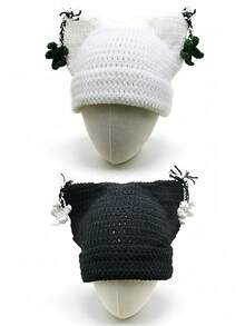 1pc Unisex Handmade Crochet Striped Cat Ear Earflap Knit Beanie, Fun Warm Hat For Autumn/Winter, HipHop Couple Fashion Pullover Cap - Multicolor - View 14