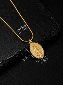 1pc Minimalist Personalized Stainless Steel 18K Gold Plated Oval Portrait Virgin Mary & Jesus Pendant - Yellow Gold - View 5