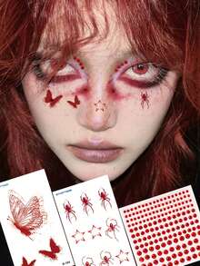 3PCS Red Diamond Stickers + Butterfly Spider Pattern Halloween Makeup Costume Party Gift Waterproof Face Tattoo Stickers - Multicolor - View 1