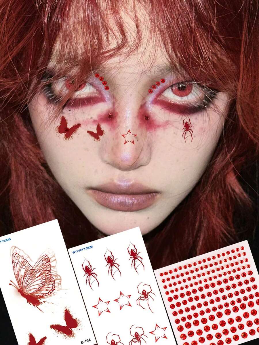 3PCS Red Diamond Stickers + Butterfly Spider Pattern Halloween Makeup Costume Party Gift Waterproof Face Tattoo Stickers - Multicolor - View 1